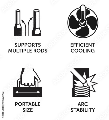 Welding Machine icons - output range, Current adjustment, Anti-stick, IGBT. Monochrome style