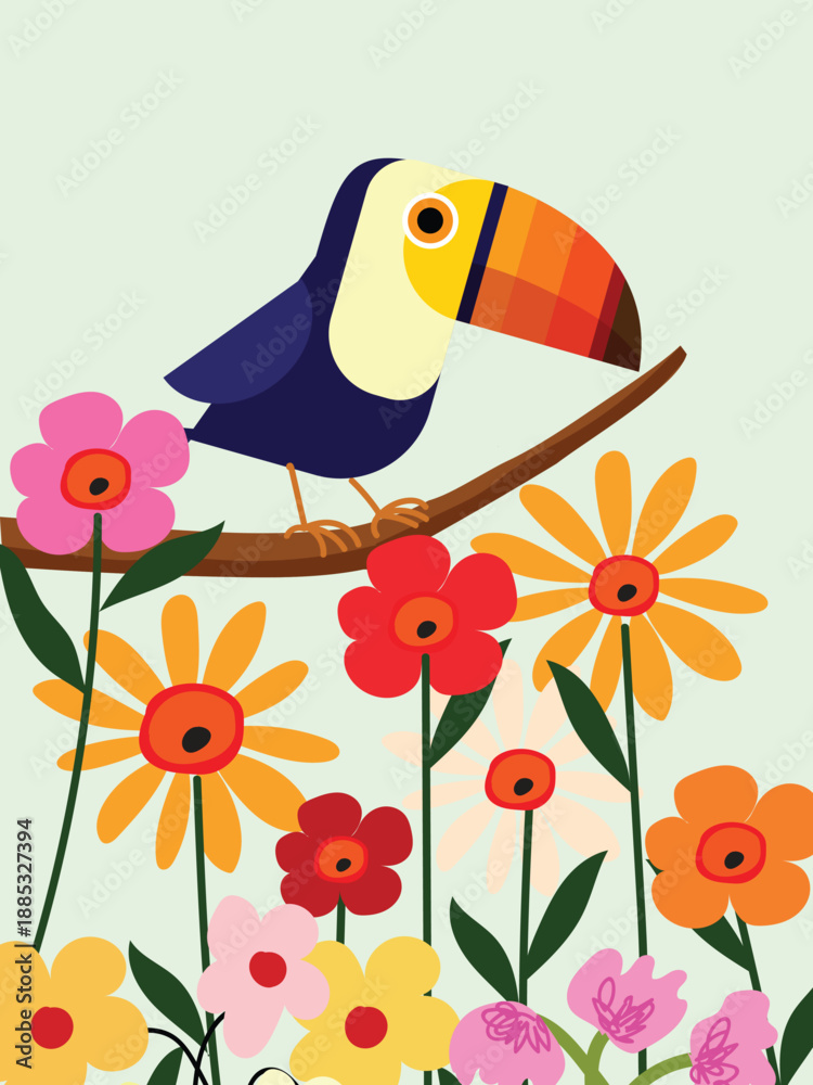 Naklejka premium Toucan bird standing on a branch of tree vector illustration. Exotic birds for childrens design of prints, posters, cards.