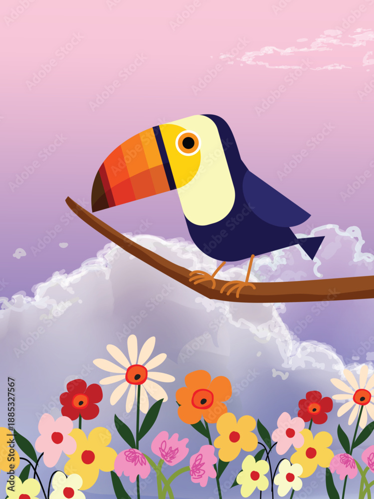 Obraz premium Toucan bird standing on a branch of tree vector illustration. Exotic birds for childrens design of prints, posters, cards.