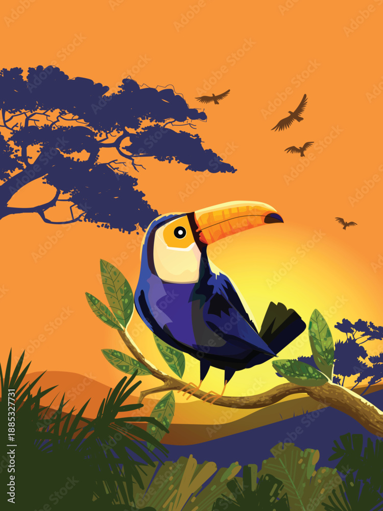 Obraz premium Toucan bird standing on a branch of tree vector illustration. Exotic birds for childrens design of prints, posters, cards.