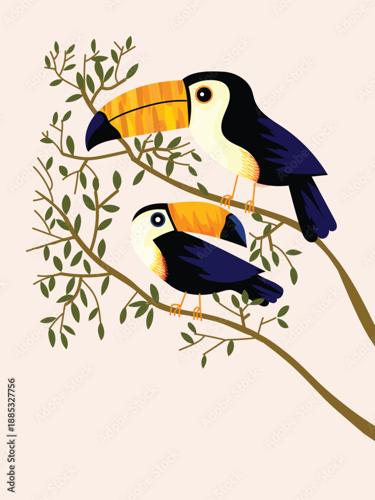 Fototapeta premium Toucan bird standing on a branch of tree vector illustration. Exotic birds for childrens design of prints, posters, cards.