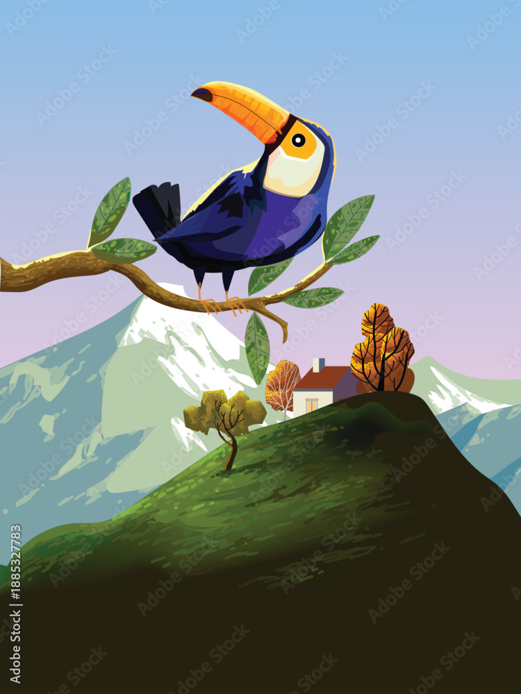 Naklejka premium Toucan bird standing on a branch of tree vector illustration. Exotic birds for childrens design of prints, posters, cards.