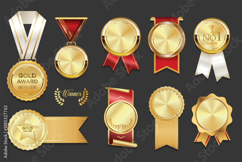 Realistic medal set. Award golden medals 3d vector realistic illustration. Medal icon set. First place medals or buttons