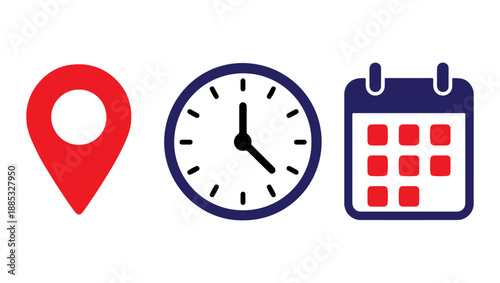 Location Time Calendar Icon Set – Map Pin Clock Schedule Symbols set for events, banner, poster, meeting, agenda, invitation and business cards