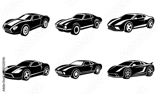 Vintage sports cars silhouetted in various profiles on a clean white background from a straightforward viewpoint
