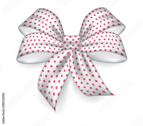Realistic gift white bow with red polka dots isolated on white background. Decor for cards, invitations, banners. Vector image.