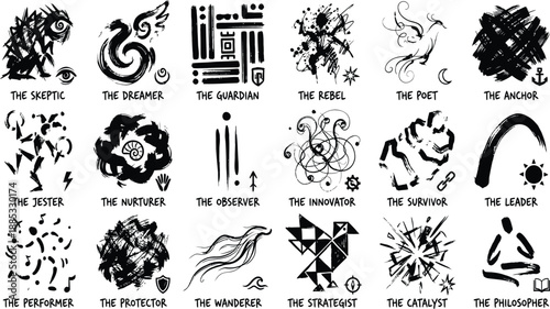 Abstract Archetype Characters Hand Drawn Ink Symbols Vector Set