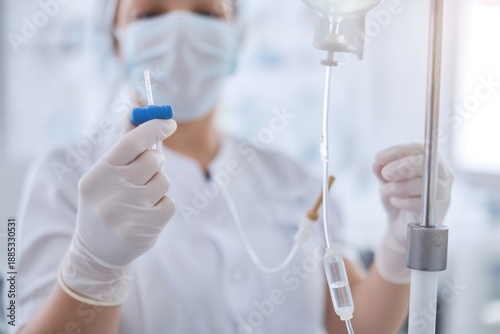 Nurse in protective mask and gloves preparing intravenous infusion drip for patient in hospital setting