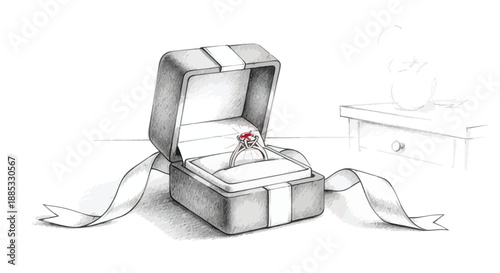 Pencil sketch drawing depicts a single beautiful diamond engagement ring with a sparkling red gemstone centerpiece presented inside an open presentation box resting on a surface.
