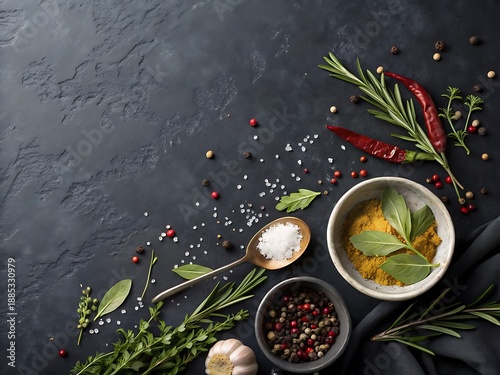 Fresh herbs and spices on wooden background for using in spices selling brands marketing.