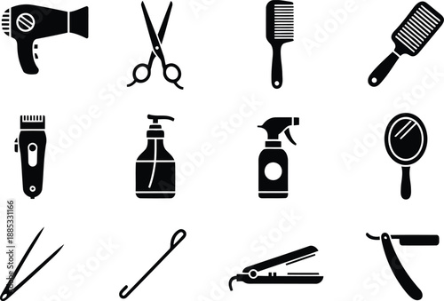 A comprehensive set of black icons representing essential hair salon and barber tools