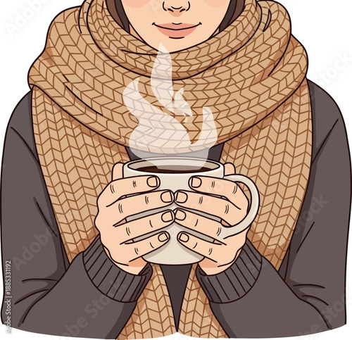 Illustration depicts a person cozily wrapped in a thick knitted brown scarf holding a steaming hot beverage for warmth during cold weather.