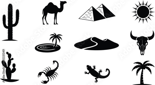 A comprehensive collection of black silhouette icons representing diverse desert elements