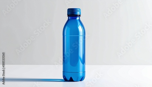 Blue plastic water bottle with loop strap against white background.