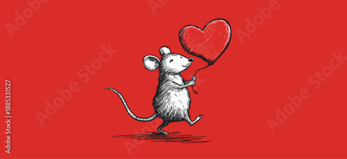Cartoon gray rat running with a large red heart on a solid red background. Cute gray rat carrying red heart running