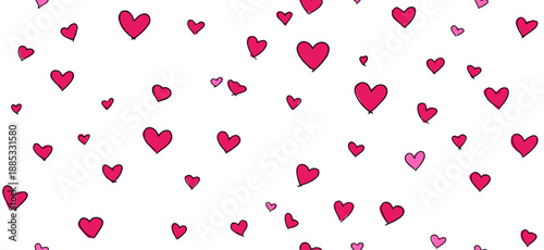 Pink hand-drawn hearts forming a seamless pattern on a white background. Pink heart pattern creating simple love background