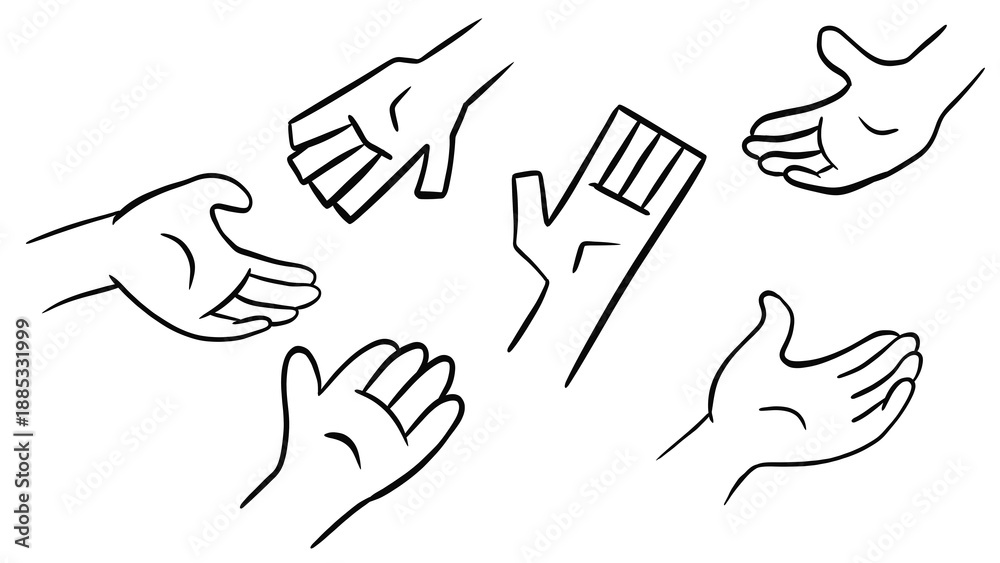Obraz premium Transparent Graphic: Line Art Illustration of Multiple Open Hands Reaching Out for Assistance, Asking for Help, Isolated on White Background, Vector Art