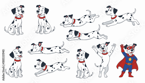 Cartoon Dalmatian dogs in various playful poses with a superhero character  
