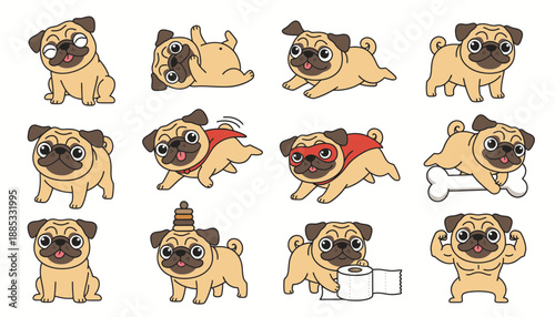 Pug dog illustrations displaying various cute and playful actions  