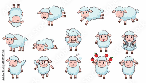 Cartoon sheep in various poses and expressions on white background  