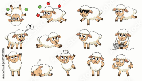 Playful cartoon sheep in various poses and expressions on white background  