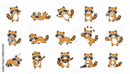Cartoon raccoons in various playful poses and activities  