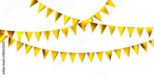 Fair strings of golden festoons for carnival or circus bg on white. Triangle bunting or paper pennunts on ropes. Celebration design. Festive background. Carnaval event banner. Vector illustration.