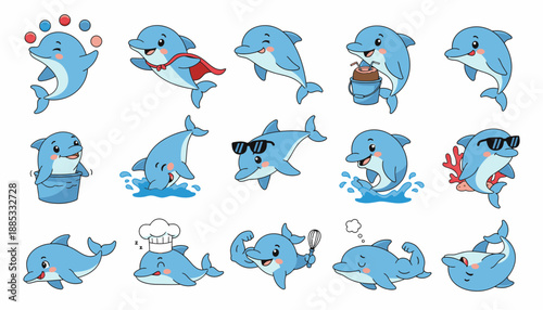 Cartoon dolphins displaying various fun emotions and activities  