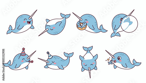 Cartoon narwhals swimming and playing with joyful expressions  