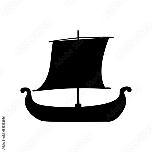 Silhouette image of a viking ship with sail against a white background