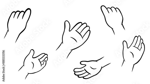 Set of six line art illustration of human hands in various gestures on a transparent background; vector graphic style.