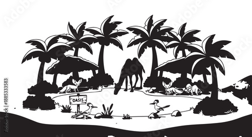 Silhouette tropical island landscape with palm trees, huts, and travelers along a shoreline at sunset.