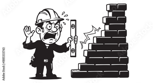 Cartoon construction worker inspecting a brick wall under construction and scaffolding.