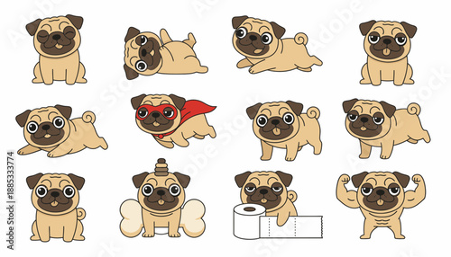 Cartoon pug dog characters in various playful poses and actions  