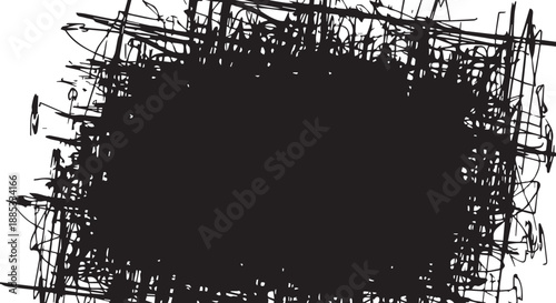 Dense abstract black ink scribble with chaotic overlapping lines and a dark center.