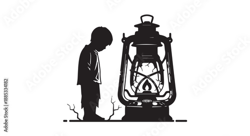 A lone child stands beside a vintage lantern on a quiet street at night, captured as a solitary silhouette.