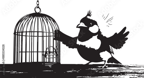 Bird escaping from an open cage symbolizing freedom and escape.