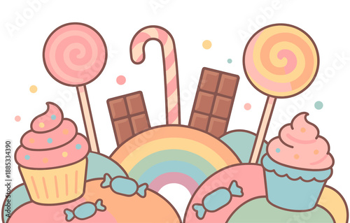 Colorful candy land with lollipops, cupcakes, and chocolate bars in pastel cartoon design