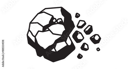 Fragmented asteroid breaking apart in space illustration with scattered rock fragments.