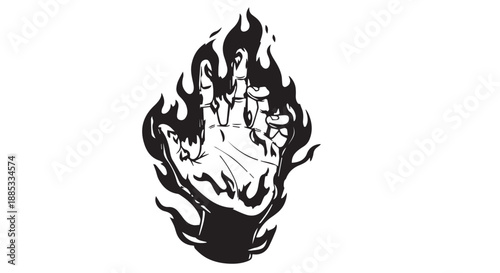 Stylized flaming hand illustration featuring a bold black flame design.