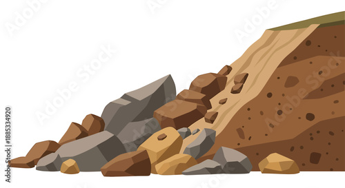 A detailed illustration of a landslide or rockfall with various sizes of rocks and earth debris at the base of a sloped hill.