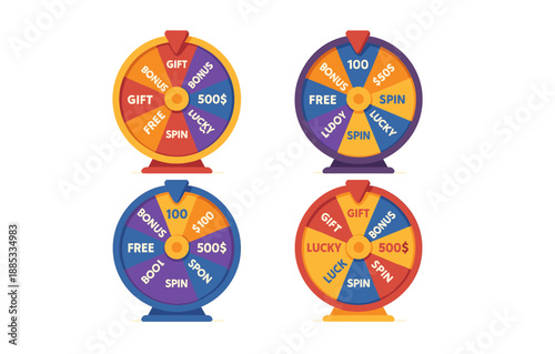 Colorful prize wheel set with gifts, bonuses, and free spins in a flat style