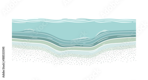 A detailed cross-section diagram illustrating a riverbed or lakebed with distinct sediment layers and a central depression.