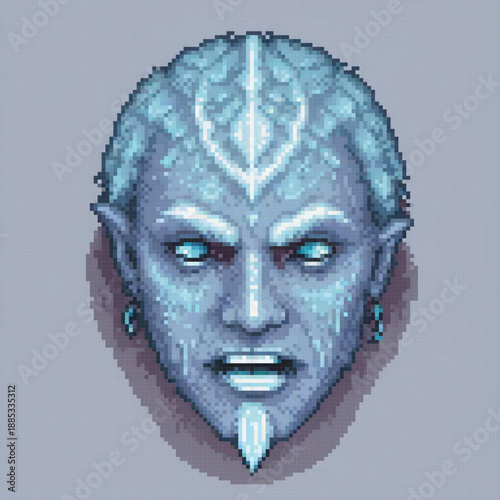 A pixel art image of a humanoid figure with blue hair, a beard, and a menacing expression.