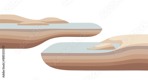 Abstract illustration of layered geological formations with water bodies and small islands, depicting a cross-section view of natural landscapes.