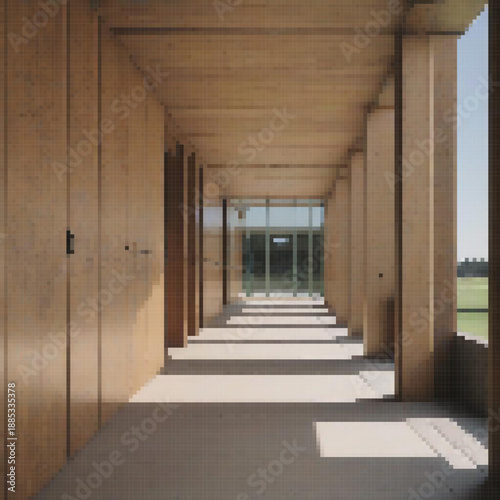 A long hallway with wooden doors, a glass door, and a green field in the background.