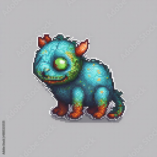 A pixel art image of a blue, grumpy creature with green eyes and horns, standing on a grey background.