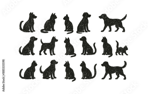 Silhouette set of dogs and cats in various poses on white background