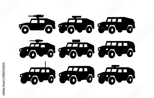 Silhouette icons of military armored vehicles in various configurations