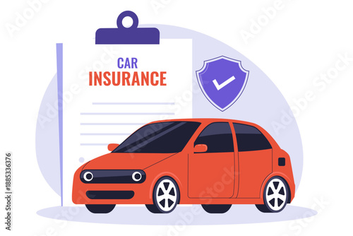 Car Insurance Policy and Vehicle Protection Concept Illustration. A professional illustration of a red sedan in front of an insurance policy document with a safety shield
